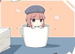  coffee_mug comic commentary cup georgia_max_coffee goma_(yoku_yatta_hou_jane) hat in_container in_cup kantai_collection mug object_namesake papers red_hair short_hair sidelocks steam table z3_max_schultz_(kantai_collection) 
