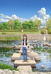  absurdres brown_hair cane commentary denim hat highres jeans kyoto multiple_boys nidaime_(uchouten_kazoku) official_art pants pun real_world_location river shimogamo_yasaburou shirt t-shirt top_hat uchouten_kazoku vest 