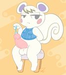  2014 animal_crossing anthro balls big_penis black_eyes blush bottomless clothed clothing fur jacket male mammal marshal_(animal_crossing) nintendo penis precum psyredtails rodent sitting solo squirrel stool video_games white_fur 