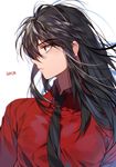  alternate_costume alternate_form androgynous artist_name black_hair black_neckwear brown_eyes chest collared_shirt commentary_request dress_shirt expressionless inuyasha inuyasha_(character) long_hair looking_to_the_side male_focus messy_hair necktie profile red_shirt sanpaku shiny shiny_hair shirt simple_background solo sukja upper_body white_background wing_collar 