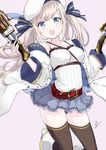  :d bangs bare_shoulders belt beret between_breasts black_legwear black_panties blonde_hair blue_eyes blue_skirt blush boots breasts collarbone cucouroux_(granblue_fantasy) detached_sleeves dual_wielding eyebrows eyebrows_visible_through_hair finger_on_trigger granblue_fantasy gun hair_ribbon hat holding holding_gun holding_weapon jacket kneeling long_hair long_sleeves looking_at_viewer medium_breasts miniskirt mirakururu open_clothes open_jacket open_mouth panties pantyshot pantyshot_(kneeling) pleated_skirt purple_background ribbon signature simple_background skirt smile solo strap strap_cleavage striped striped_ribbon thighhighs twintails underwear weapon white_footwear white_hat white_jacket wide_sleeves 