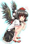  bird_wings black_hair black_ribbon black_wings blush commentary_request double_v feathered_wings from_side full_body geta hat highres looking_at_viewer looking_to_the_side open_mouth parted_lips pom_pom_(clothes) puffy_short_sleeves puffy_sleeves ramudia_(lamyun) red_eyes ribbon ribbon-trimmed_shirt shameimaru_aya shirt short_sleeves solo squatting tengu-geta tokin_hat touhou v white_shirt wings 
