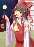  alcohol ameto ascot beer beer_mug blush bottle brown_hair cup detached_sleeves full_moon grey_eyes hair_ribbon hair_tubes hakurei_reimu highres holding holding_cup indoors japanese_clothes long_hair long_sleeves looking_at_viewer miko moon night night_sky open_mouth ribbon shirt skirt skirt_set sky smile solo star_(sky) starry_sky touhou wide_sleeves zun 