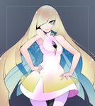  blonde_hair green_eyes hair_over_one_eye halphelt hands_on_hips looking_at_viewer lusamine_(pokemon) pokemon pokemon_(game) pokemon_sm solo 