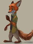  2016 4_fingers anthro black_lips black_snout brown_fur canine cellphone claws clothed clothing digital_media_(artwork) disney dreamingwanderer eyebrows fox fur gloves_(marking) green_eyes inner_ear_fluff male mammal markings necktie nick_wilde orange_fur pants pawpads phone plantigrade red_fox shirt snout solo white_fur zootopia 