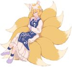  blonde_hair fox_tail full_body hair_between_eyes hand_on_own_chin hat highres long_sleeves looking_at_viewer mefomefo multiple_tails pillow_hat short_hair simple_background sitting sitting_on_own_tail slit_pupils smile smug solo tabard tail touhou white_background white_hat yakumo_ran yellow_eyes 