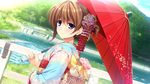  blue_eyes blush brown_hair floral_print flower hair_ornament hayase_chitose_(pretty_x_cation) highres japanese_clothes kimono looking_at_viewer obi pretty_x_cation_2 sash smile solo umbrella 