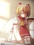  apron artist_name closed_eyes dress fairy fairy_wings juliet_sleeves long_sleeves maid_headdress on_bed open_mouth pokio puffy_sleeves shadow sitting sitting_on_bed sleeping sleeping_upright socks solo sunlight sunny_milk touhou twintails waist_apron white_dress wings yellow_neckwear 