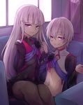  1girl ash_(closers) brother_and_sister closers couch dust_(closers) flower highres indoors looking_at_viewer navel pantyhose purple_eyes siblings sitting sitting_on_lap sitting_on_person smile waero white_hair 