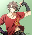  2016 brown_eyes brown_hair dated fang fingerless_gloves gloves green_background grin hand_on_hip looking_to_the_side male_focus otegine shirt_lift simple_background smile solo sweat touken_ranbu twitter_username wauwa 
