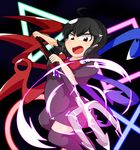  ahoge asymmetrical_hair asymmetrical_wings attack attacking_viewer black_dress black_hair bow bowtie charging_(attack) circle commentary d: danmaku dress electricity houjuu_nue manorea open_mouth pointy_ears polearm red_eyes solo square thighhighs touhou triangle trident v-shaped_eyebrows weapon wings x zettai_ryouiki 