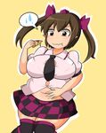  belly_rub big_belly black_legwear blush breasts brown_eyes brown_hair bursting_breasts checkered checkered_skirt commentary eating fat fat_folds food hair_ribbon hand_on_own_stomach hat himekaidou_hatate holding_pizza knees_together_feet_apart large_breasts manorea miniskirt navel necktie pizza pointy_ears ribbon ribbon-trimmed_legwear ribbon_trim short_hair skirt solo spoken_sweat sweat thick_thighs thighhighs thighs tokin_hat touhou twintails wavy_mouth weight_conscious zettai_ryouiki 