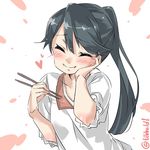  bangs black_hair blush chopsticks closed_eyes closed_mouth collarbone ebifurya eyebrows eyebrows_visible_through_hair facing_viewer hair_between_eyes hand_on_own_cheek hand_up heart highres holding houshou_(kantai_collection) kantai_collection long_hair ponytail simple_background smile solo twitter_username upper_body white_background 
