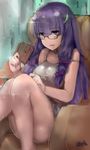 artist_name bad_id bad_pixiv_id bangs bare_legs bespectacled blunt_bangs blush book bow couch eyebrows eyebrows_visible_through_hair glasses hair_bow hair_ribbon highres knees_up long_hair looking_at_viewer martin_(minipiz) open_mouth patchouli_knowledge purple_bow purple_hair ribbon signature sitting solo sparkle strap_slip touhou tress_ribbon 
