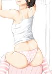  armpits arms_up ass back ball black_hair breasts commentary exercise_ball from_behind head_out_of_frame highres niwatazumi open_mouth original panties polka_dot polka_dot_panties short_hair sitting sketch small_breasts smile solo spaghetti_strap striped striped_legwear tank_top thighhighs underwear white_background 