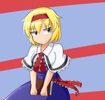  alice_margatroid blonde_hair blue_eyes blush book breasts capelet dress hairband looking_to_the_side manorea medium_breasts sash short_hair smile smirk solo striped striped_background touhou white_capelet 