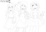  3girls asui_tsuyu boku_no_hero_academia horikoshi_kouhei jirou_kyouka lineart monochrome multiple_girls stiky_finkaz uraraka_ochako 