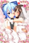  ;) ^_^ animal_ears bare_shoulders blue_eyes blue_hair blush bow bowtie bridal_veil brown_hair bunny_ears carrying cheek_kiss cirno closed_eyes commentary couple dress elbow_gloves error eyebrows floppy_ears floral_background flower gloves highres hug inaba_tewi jewelry kiss multiple_girls nogiguchi off-shoulder_dress off_shoulder one_eye_closed princess_carry ring smile touhou tuxedo veil vest wedding_band wedding_dress wife_and_wife yuri 