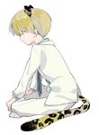  1boy animal_ears blonde_hair collared_shirt formal from_side full_body hayama_akito jacket kodomo_no_omocha leopard male_focus necktie profile shika_(sisi53) simple_background sitting socks solo tail white_background white_socks yellow_eyes 