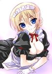  apron blonde_hair blue_eyes braid breasts cleavage collarbone darjeeling french_braid girls_und_panzer gloves highres looking_at_viewer maid maid_apron maid_headdress medium_breasts neck_ribbon ribbon senomoto_hisashi smile solo tsurime 