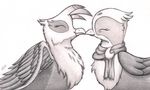  2015 avian beak black_and_white clothed clothing duo eyes_closed feathered_wings feathers female feral friendship_is_magic fur gilda_(mlp) graboiidz greta_(mlp) gryphon hair monochrome my_little_pony scarf wings 