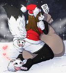  anthro canine christmas clothing female fox hat holidays kneeling legwear looking_back lovelesskiax mammal outside overweight santa_hat smile snow solo thick_thighs thigh_highs underwear 