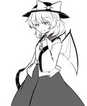  :d bat_wings blouse bow cosplay fang finger_to_mouth ganmaganmo hat hat_bow komeiji_koishi komeiji_koishi_(cosplay) long_skirt long_sleeves looking_at_viewer monochrome open_mouth remilia_scarlet short_hair skirt slit_pupils smile solo touhou wide_sleeves wings 