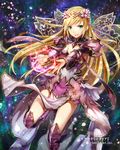  arm_guards armor bangs blonde_hair breasts cleavage commentary_request copyright_name earrings fantasy gabiran greaves green_eyes jewelry long_hair looking_at_viewer magic medium_breasts official_art open_mouth parted_bangs pauldrons pelvic_curtain teeth tenkuu_no_crystalia text_focus watermark wings 