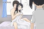  2girls bed black_hair blanket blush breast_grab breasts closed_eyes crying grabbing hair_ribbon hetero kimi_no_na_wa long_hair looking_at_another miyamizu_mitsuha miyamizu_yotsuha multiple_girls older red_ribbon ribbon short_hair shown siblings sisters spoilers sweatdrop tachibana_taki tears translated walk-in 