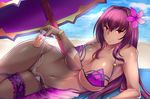  breasts fate/grand_order fate_(series) flower hair_flower hair_ornament hips large_breasts long_hair looking_at_viewer lying navel nipples on_side pubic_hair red_eyes red_hair scathach_(fate)_(all) scathach_(swimsuit_assassin)_(fate) shimeno_puni smile solo tan tanline thigh_gap thighs umbrella 