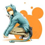 1boy animal_hoodie black_cat cat cat_ears fake_animal_ears fruits_basket hoodie male_focus orange_eyes orange_hair solo souma_kyou tail white_cat 