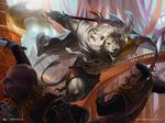  ajani_goldmane anthro cape charging chris_rallis city cityscape clothing feline fight group holding_object holding_weapon human leonin lion magic_the_gathering mammal mane melee_weapon monk&#039;s_spade muscular official_art snarling solo_focus sword warrior weapon 
