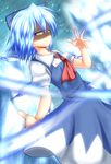  &gt;:( ascot blue_hair bow cirno commentary_request danmaku dress frown hair_bow highres ice ice_wings nogiguchi serious shaded_face short_hair solo touhou v-shaped_eyebrows wings 