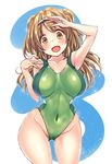  :d arm_up armpits ass_visible_through_thighs blush breasts brown_eyes brown_hair bulbonne collarbone competition_swimsuit covered_navel cowboy_shot green_swimsuit hairband highleg highleg_swimsuit highres hips i-26_(kantai_collection) kantai_collection large_breasts long_hair one-piece_swimsuit open_mouth shading_eyes smile solo swimsuit thighs two-tone_hairband two_side_up 