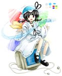  :d bangs black_hair braid bucket_hat crt dress folder hat huyusilver looking_at_viewer mary_janes microsoft official_style oota_jun'ya_(style) open_mouth original palette parody personification plug red_eyes shoes smile solo style_parody touhou twin_braids windows_8 wings 