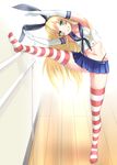 absurdres barre bosshi breasts contortion flexible full_body highres kantai_collection long_hair no_shoes shimakaze_(kantai_collection) small_breasts solo standing standing_on_one_leg striped striped_legwear thighhighs thong 