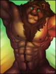  abs animal_genitalia anthro belly biceps blue_eyes body_hair brown_hair brown_nose chest_hair feline front_view hair happy_trail hi_res lion looking_at_viewer male mammal manly mature_male muscular muscular_male nipples nude painis18 pecs pose pubes relaxing simple_background smile solo standing vein 