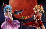  adapted_costume arm_at_side arm_garter bat_wings blonde_hair blue_hair blush breasts cleavage dress finger_to_chin flandre_scarlet flat_chest full_moon hair_ribbon hand_on_own_chest head_tilt lavender_dress moon multiple_girls night night_sky no_hat no_headwear orange_eyes outdoors parted_lips railing red_dress red_eyes red_moon remilia_scarlet ribbon short_hair siblings side_ponytail sisters sky small_breasts smile strapless strapless_dress sumire495 touhou wings 