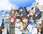  6+girls :d :o animal_ears arms_up black_choker black_hair black_legwear black_neckwear black_ribbon blonde_hair blue_eyes blue_ribbon braid breasts brown_eyes brown_hair bunny_ears cat_ears cat_tail charlotte_e_yeager choker clenched_hands cloud day dog_ears dog_tail eila_ilmatar_juutilainen emblem erica_hartmann everyone eyepatch flying francesca_lucchini gertrud_barkhorn glasses green_eyes green_hair hair_between_eyes hair_ornament hair_ribbon hand_on_another's_shoulder hand_on_hip hands_on_hips holding_hands kaneko_(novram58) locked_arms long_hair long_sleeves looking_at_viewer lynette_bishop medium_breasts military military_uniform minna-dietlinde_wilcke miyafuji_yoshika multicolored_hair multiple_girls necktie open_mouth orange_eyes orange_hair panties pantyhose perrine_h_clostermann ponytail purple_eyes red_hair ribbon sakamoto_mio sanya_v_litvyak school_swimsuit school_uniform shirt short_hair silver_hair single_braid sky smile strike_witches striker_unit sweater_vest swimsuit tail twintails two-tone_hair underwear uniform white_legwear white_panties white_shirt wind world_witches_series yellow_eyes 