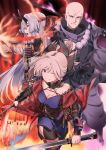  1boy 2girls absurdres aoi_suzu armor artist_name bald beads blonde_hair blue_eyes dual_wielding fate/grand_order fate_(series) grey_hair headband highres holding holding_sword holding_weapon japanese_armor japanese_clothes kote kusazuri long_hair miyamoto_musashi_(fate/grand_order) multiple_girls oni_horns prayer_beads red_eyes sash silver_hair sword thighhighs tomoe_gozen_(fate/grand_order) very_long_hair weapon 