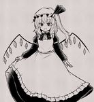 :d alternate_costume curtsey dress flandre_scarlet ganmaganmo grey_background greyscale hat juliet_sleeves long_sleeves looking_at_viewer mob_cap monochrome open_mouth puffy_sleeves short_hair side_ponytail slit_pupils smile solo touhou traditional_media wings 