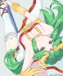  1girl artist_name bangs bare_shoulders bracer breasts cleavage dress eyebrows_visible_through_hair goddess gold green_eyes green_hair grey_background grimmelsdathird headdress highres holding holding_weapon jewelry kid_icarus kid_icarus_uprising large_breasts leg_up looking_at_viewer necklace nintendo palutena parted_bangs pole_dancing signature smile strapless strapless_dress thighhighs tiara upside-down weapon white_dress 