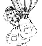 1girl :o backpack bag broom cabbie_hat ganmaganmo greyscale hair_bobbles hair_ornament hat highres kawashiro_nitori looking_at_viewer monochrome pocket short_hair short_hair_with_long_locks skirt solo surprised sweat touhou translated two_side_up v-shaped_eyebrows 