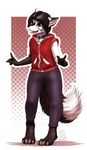  4_toes 5_fingers anthro black_fur black_hair canine clothed clothing collar digitigrade fur hair heterochromia male mammal mykegreywolf open_mouth solo standing teeth toes tongue 