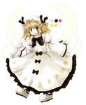  :o blonde_hair dress drill_hair fairy_wings hat huyusilver juliet_sleeves long_sleeves looking_at_viewer luna_child mob_cap moon_phases moon_print official_style oota_jun'ya_(style) palette puffy_sleeves red_eyes shoes short_hair sleeves_past_wrists solo touhou wide_sleeves wings 
