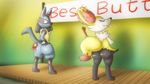  ambiguous_gender anthro big_butt blush braixen butt canine colored contest crossed_arms duo english_text fox frown huge_butt jealous looking_back lucario mammal nintendo pok&eacute;mon smile text unknown_artist video_games 