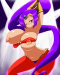  1girl artist_request blue_eyes bracer breasts breasts_outside choker dark_skin earrings forehead_jewel harem_pants hoop_earrings huge_breasts jewelry long_hair looking_at_viewer pants pointy_ears ponytail purple_hair shantae shantae_(character) shantae_(series) shantae_and_the_pirate&#039;s_curse solo tiara unaligned_breasts underwear very_long_hair vest 