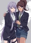  asahina_aoi bad_id bad_pixiv_id black_gloves blue_eyes brown_hair cowboy_shot danganronpa danganronpa_3 formal gloves green_neckwear high_ponytail holster injury kirigiri_kyouko lavender_hair long_hair multiple_girls necktie okuragon pantyhose pencil_skirt ponytail purple_eyes ribbon shorts skirt skirt_suit suit suit_jacket thigh_holster torn_clothes torn_legwear 