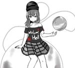  :d arm_support chain choker clothes_writing earth_(ornament) ganmaganmo heart hecatia_lapislazuli highres looking_at_viewer monochrome moon_(ornament) off-shoulder_shirt open_mouth plaid plaid_skirt polos_crown shirt sitting sitting_on_object skirt smile solo splatter spot_color touhou 
