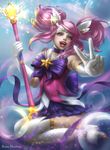  absurdres alternate_costume artist_name boots choker elbow_gloves full_body gloves hair_ornament happy heart highres league_of_legends long_hair luxanna_crownguard pink_hair purple_choker purple_eyes rena_illusion solo star star_guardian_lux star_hair_ornament twintails v wings 